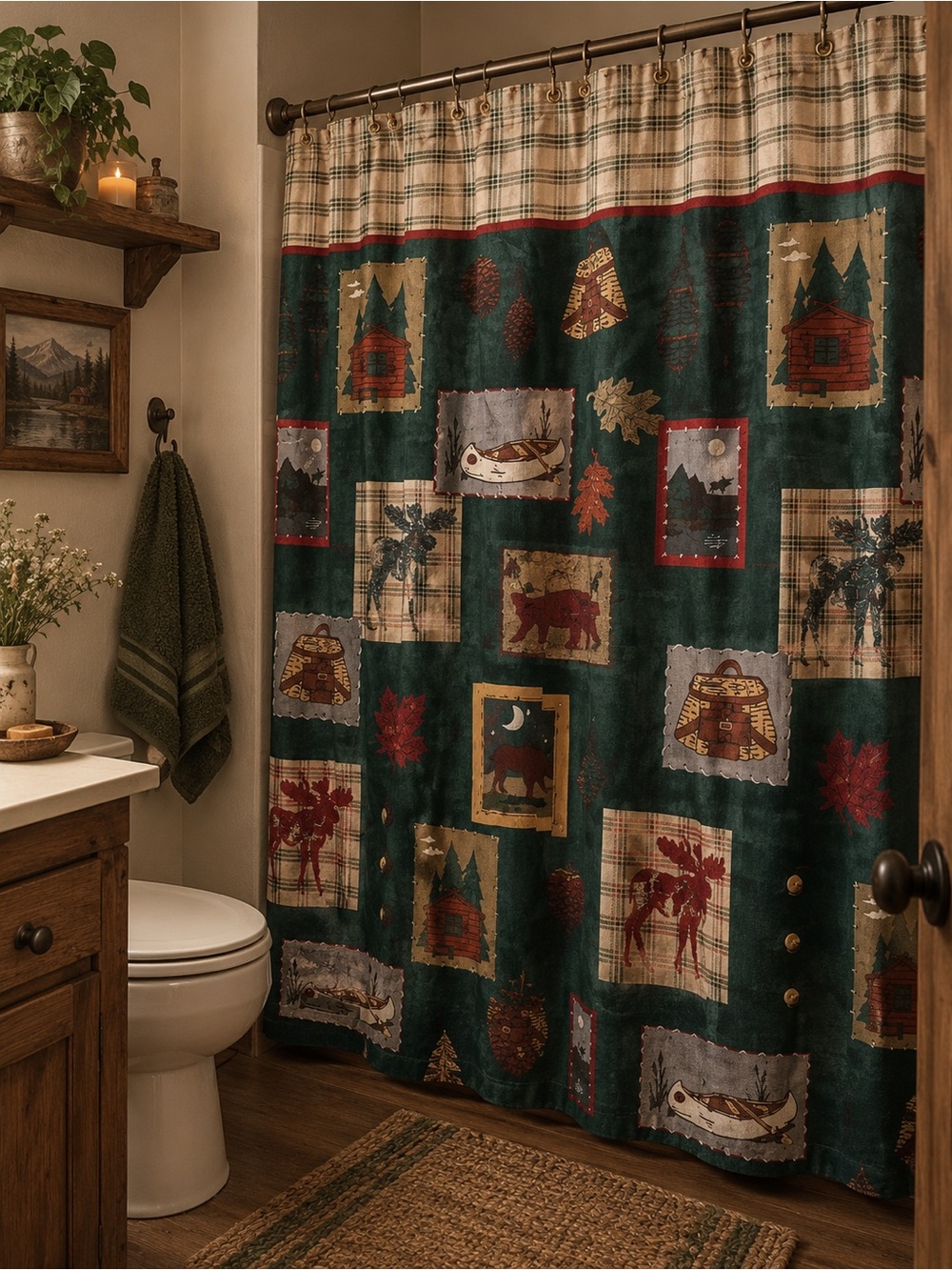 Vintage Green Rustic Plaid Cabin Shower Curtain